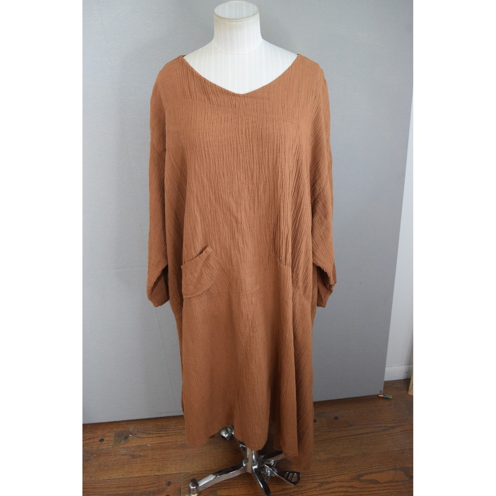 Cynthia Ashby Dress 2 Brown Gauze V-Neck Oversized Midi Lagenlook Women Pocket